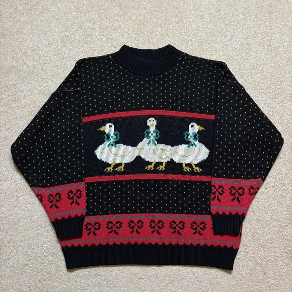 Private Eyes Sweaters - Vtg Private Eyes Geese Sweater Womens Large Black Goose Novelty Knit USA 80s 90s
